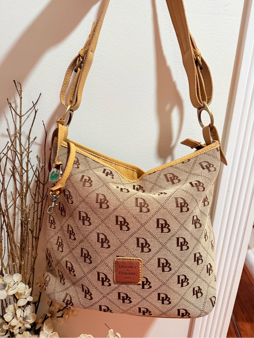 Dooney & Bourke Tan Logo-Print Shoulder Bag with Mustard Trim